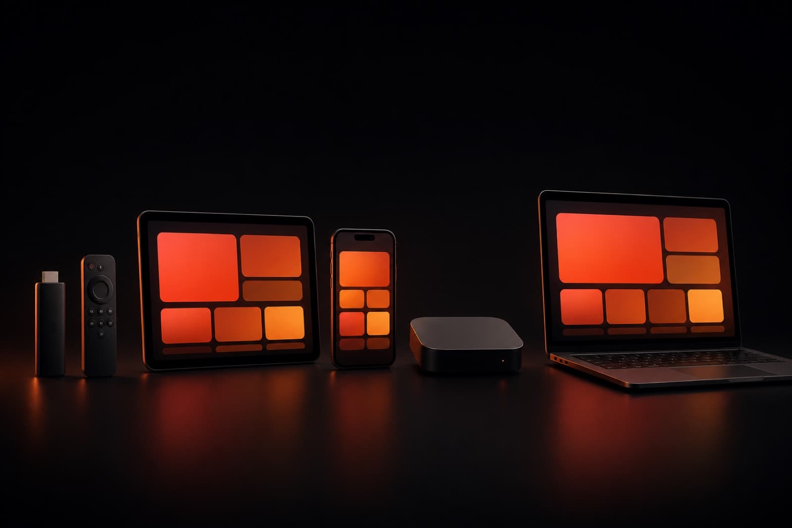 Streaming stick, tablet, phone, set-top box and laptop lined up, each showing an abstract channel grid